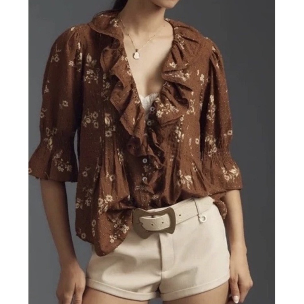*NWT *Anthropologie Brown Ruffled Pin-Tuck Button-Front Blouse Size XS Cotton